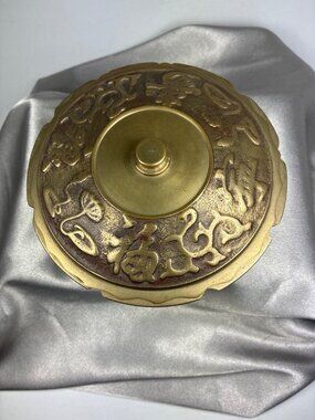 Vintage Solid Brass Covered Dish Asian Motif Trinket Box Decorative Lidded Bowl